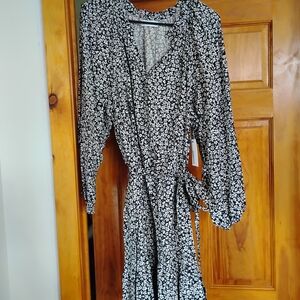 Floral Black and White Wrap Dress